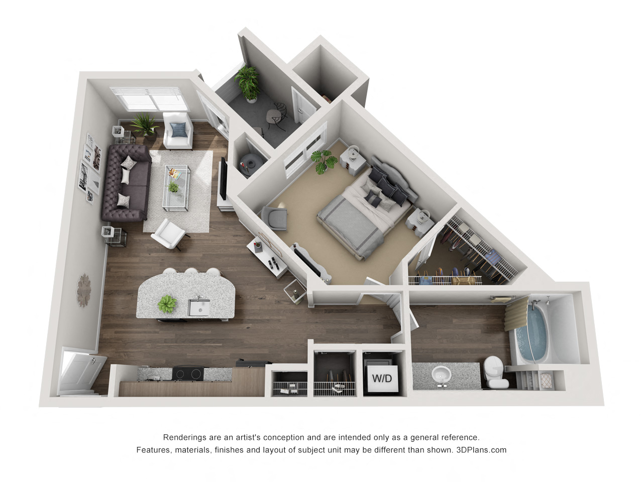 Floor plan for 1 bed, 1 bath, 723 sqft